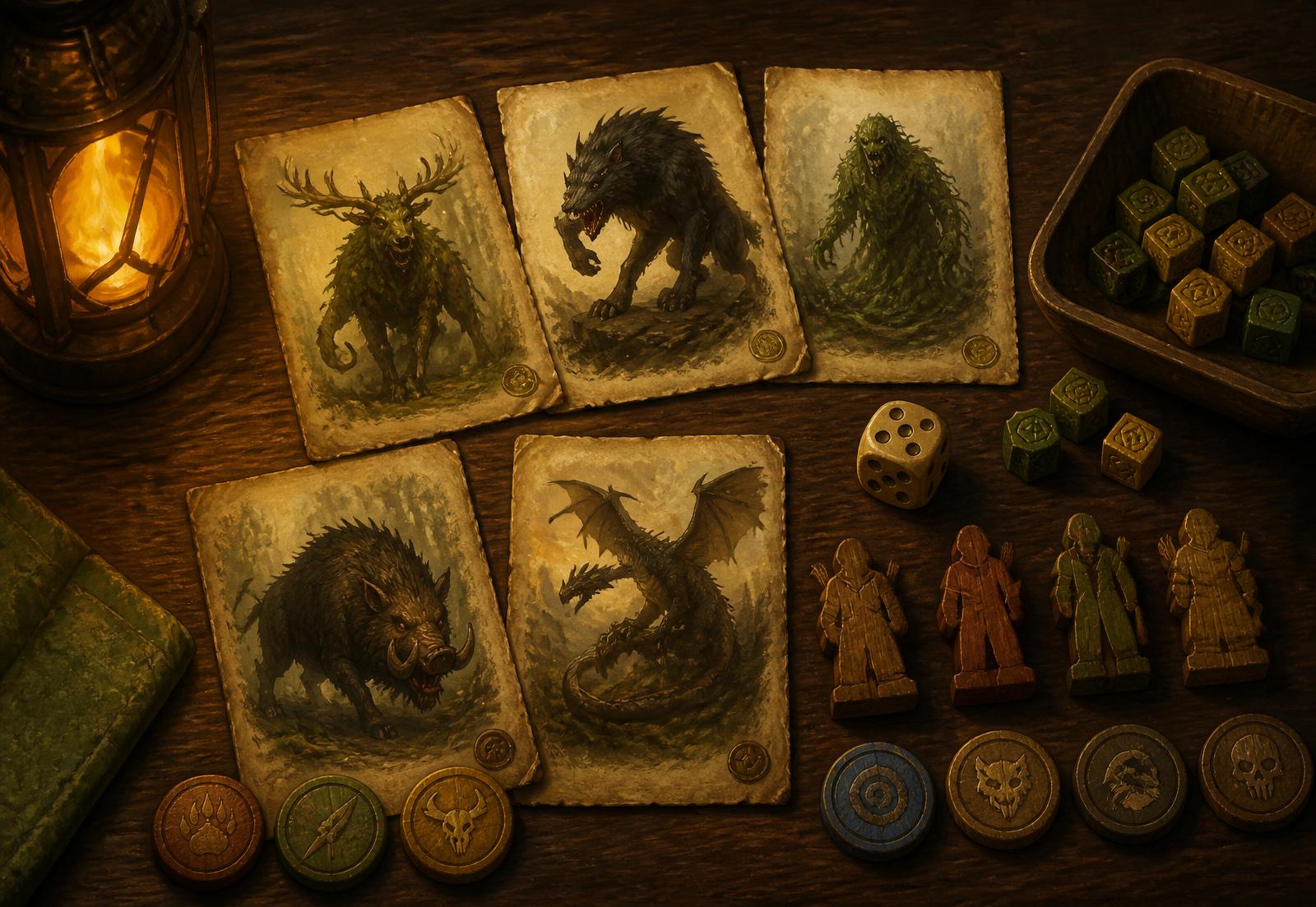 A flat-lay of Last Hit board game components on a tavern table