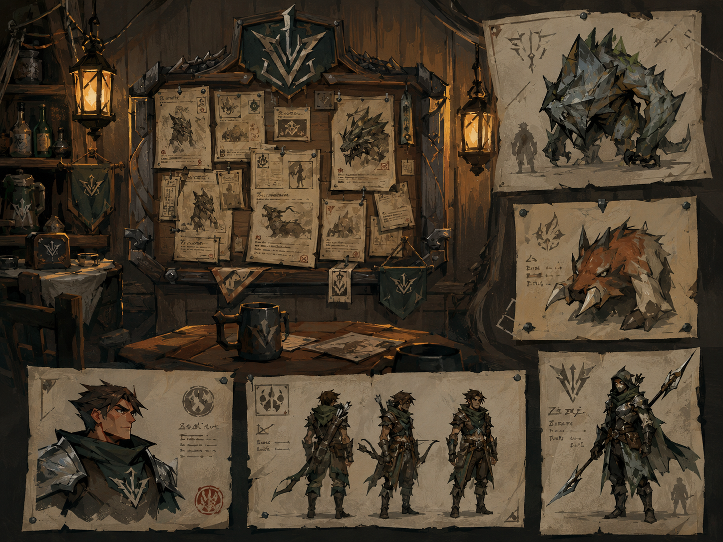 Storyboard of Last Hit characters, monsters, and bounty commissions pinned across the guild wall