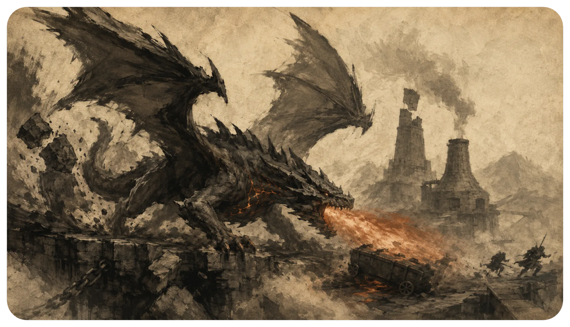 Ember Drake sweeping over a burning mountain stronghold