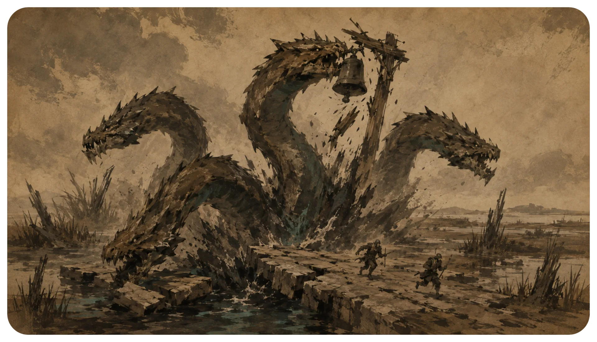 Many-headed Mire Hydra emerging from a moonlit swamp