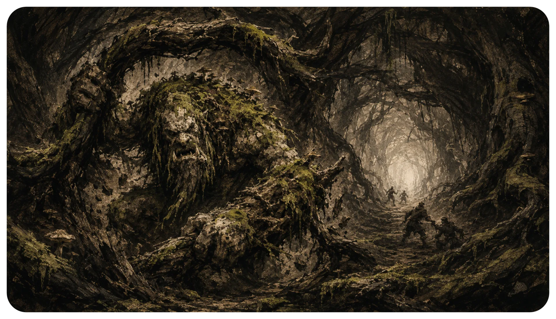 Moss Troll rising from a rain-darkened forest