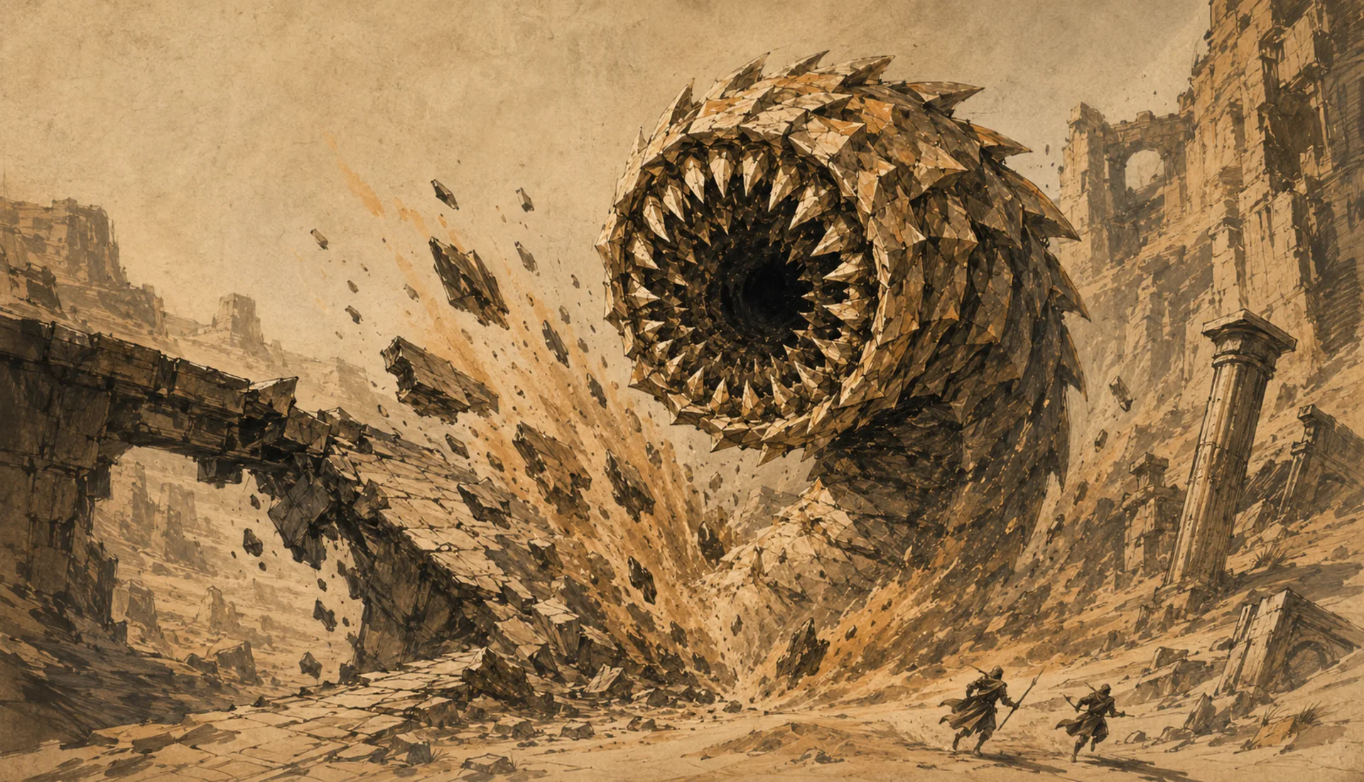 Sandworm erupting from a desert dune